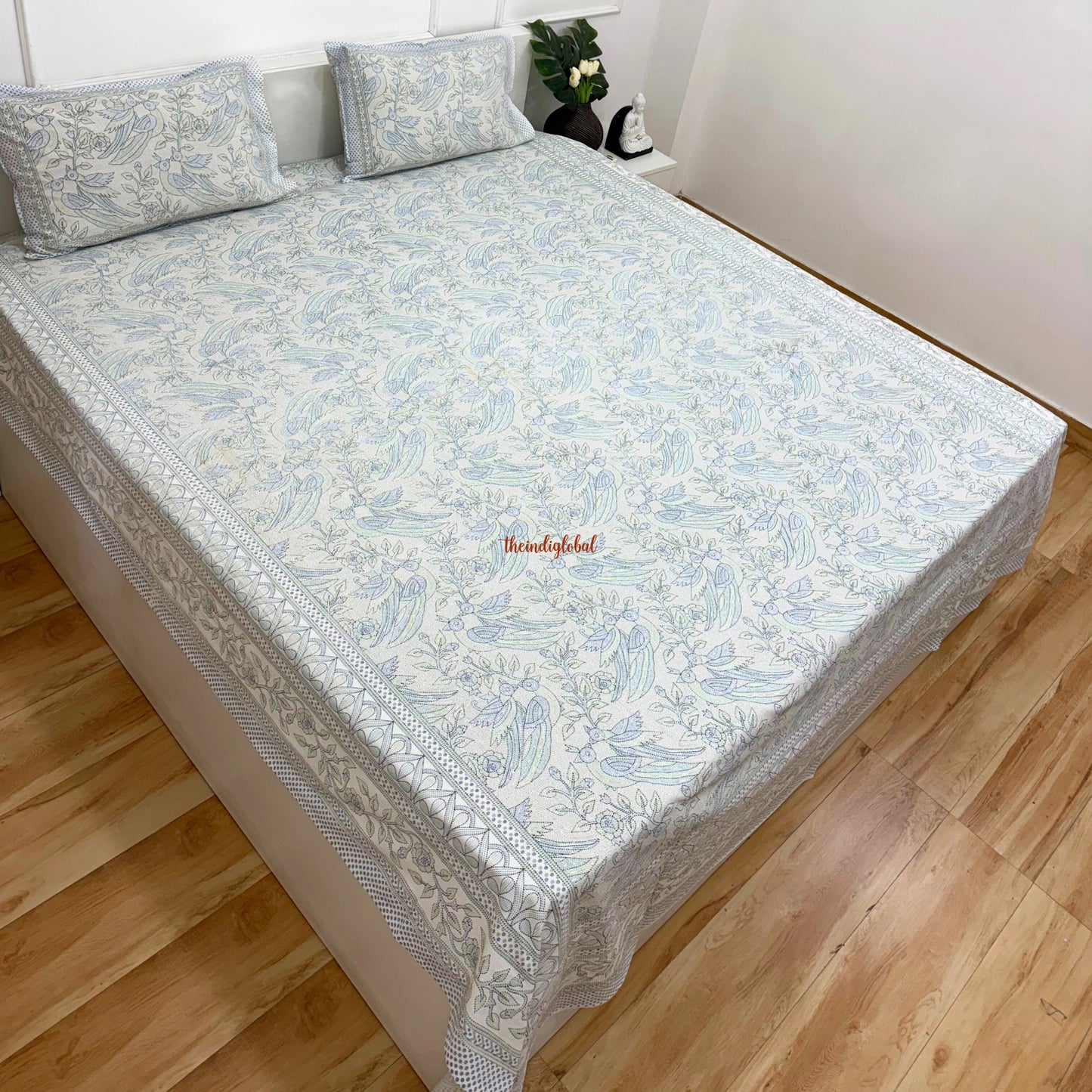 Homi Cotton Bedsheet with Pillow Covers Kantha Print Pastel Blue