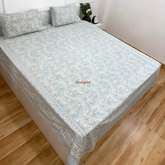 Homi Cotton Bedsheet with Pillow Covers Kantha Print Pastel Blue