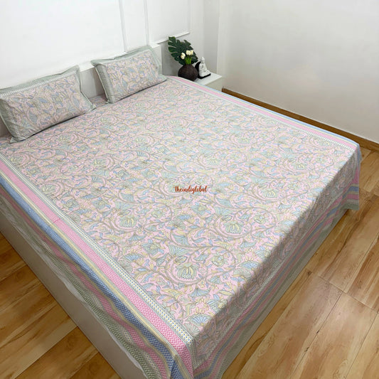 Homi Cotton Bedsheet with Pillow Covers Kantha Print Pastel Pink