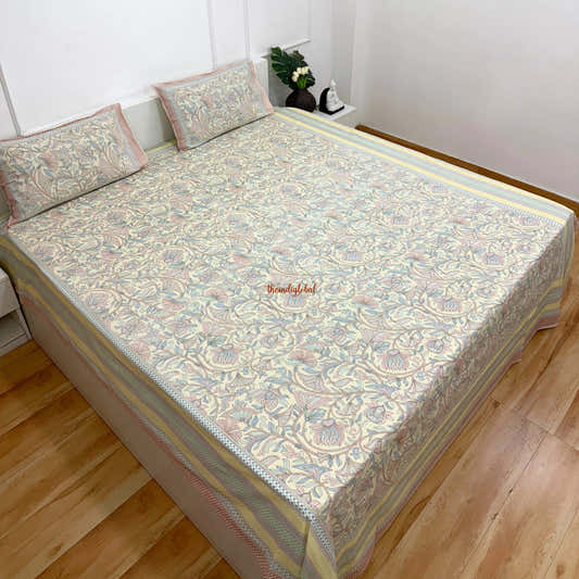 Homi Cotton Bedsheet with Pillow Covers Kantha Print Pastel Yellow
