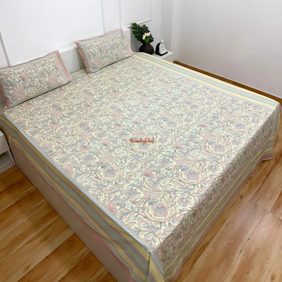 Homi Cotton Bedsheet with Pillow Covers Kantha Print Pastel Yellow 1