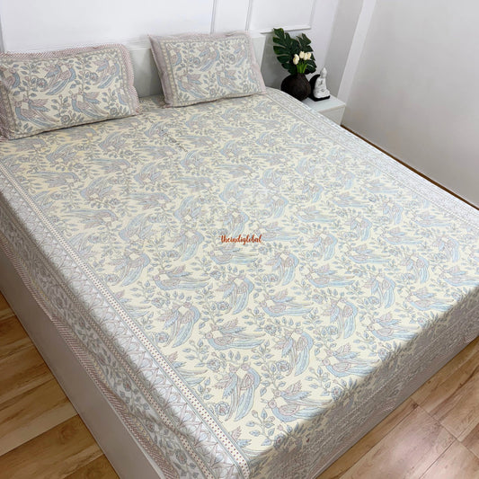 Homi Cotton Bedsheet with Pillow Covers Kantha Print Pastel Yellow