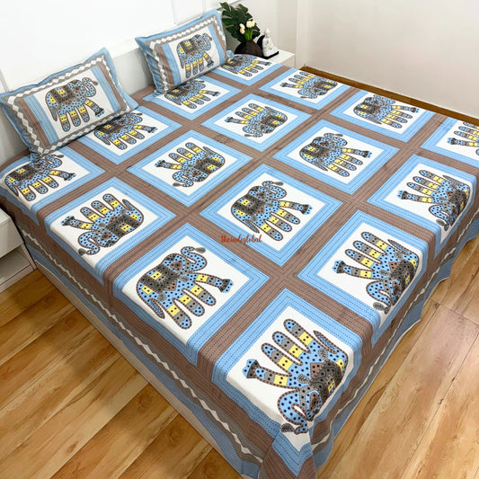 Homi Cotton Bedsheet with Pillow Covers Patch Work Print Blue