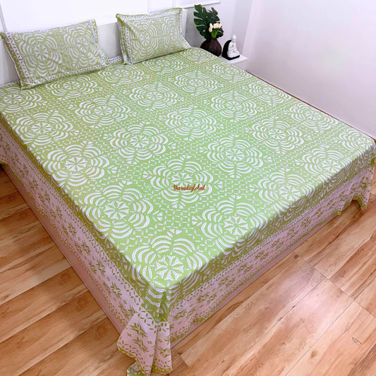 Homi Cotton Bedsheet with Pillow Covers Batik Print Pastel Green