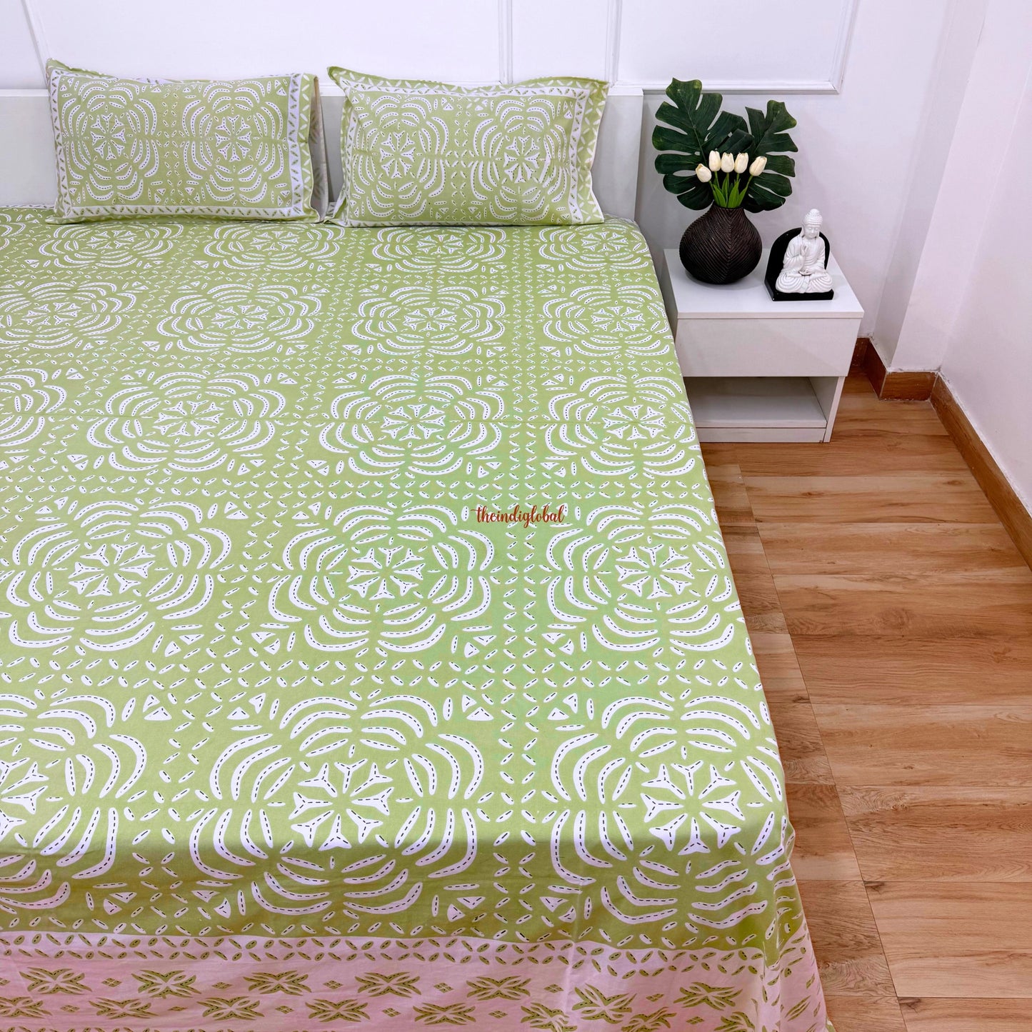 Homi Cotton Bedsheet with Pillow Covers Batik Print Pastel Green