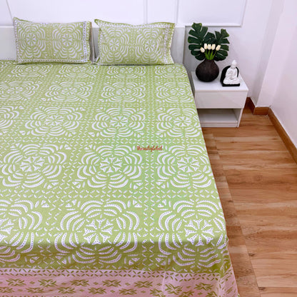 Homi Cotton Bedsheet with Pillow Covers Batik Print Pastel Green