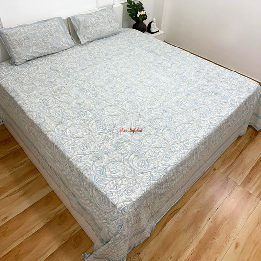 Homi Cotton Bedsheet with Pillow Covers Kantha Print Pastel Blue