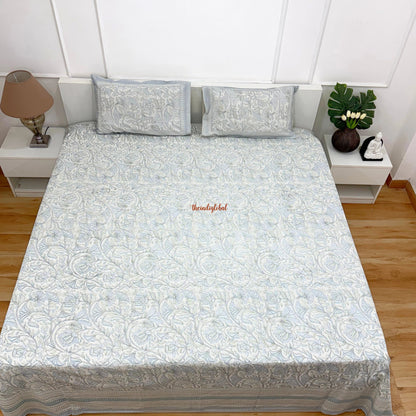 Homi Cotton Bedsheet with Pillow Covers Kantha Print Pastel Blue