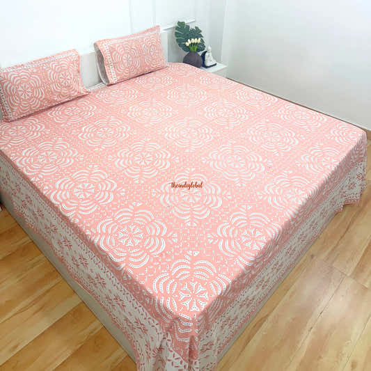 Homi Cotton Bedsheet with Pillow Covers Batik Print Peach