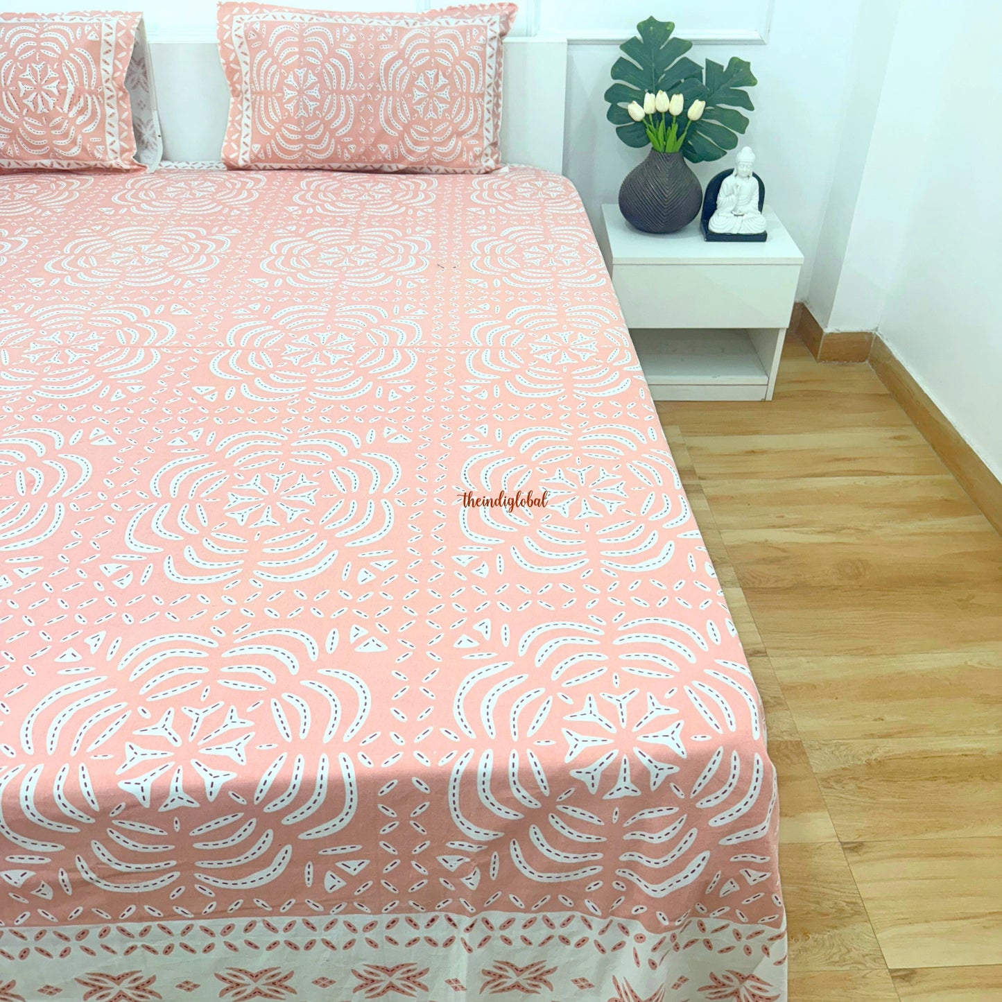 Homi Cotton Bedsheet with Pillow Covers Batik Print Peach