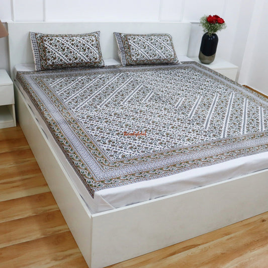 Kalamkari Cotton Bedsheet with 2 Pillow Covers Double Bed size Green