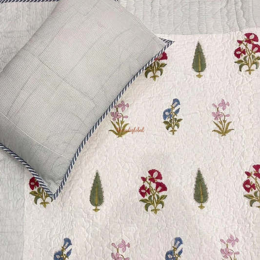 Kanak Reversible Hand Block Printed Quilted Cotton Bedcover with Two Pillow Covers Lavender & Red
