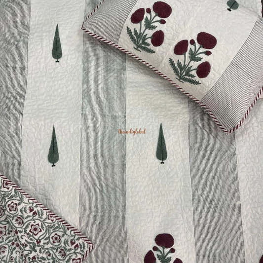 Kanak Reversible Hand Block Printed Quilted Cotton Bedcover with Two Pillow Covers Maroon
