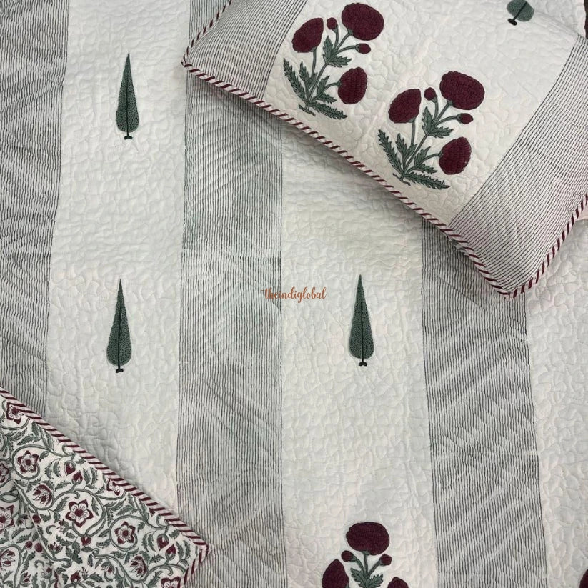 Kanak Reversible Hand Block Printed Quilted Cotton Bedcover with Two Pillow Covers Maroon