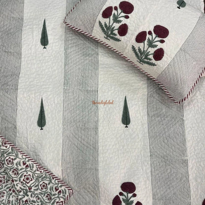 Kanak Reversible Hand Block Printed Quilted Cotton Bedcover with Two Pillow Covers Maroon