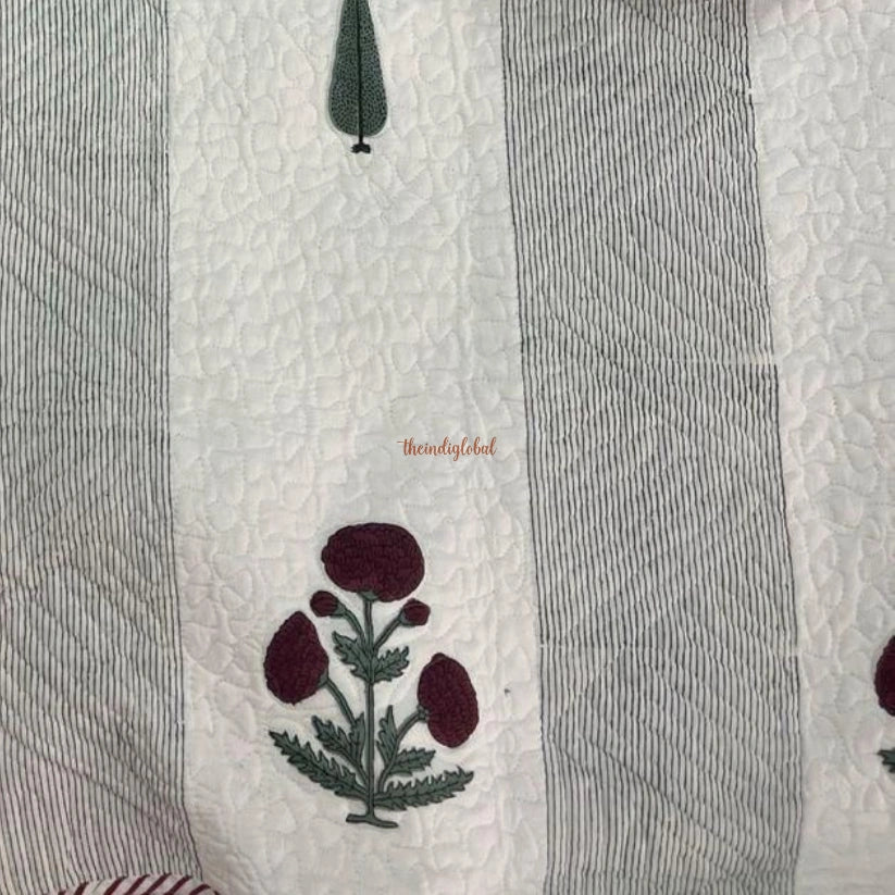 Kanak Reversible Hand Block Printed Quilted Cotton Bedcover with Two Pillow Covers Maroon