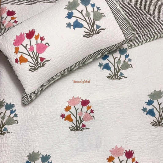 Kanak Reversible Hand Block Printed Quilted Cotton Bedcover with Two Pillow Covers Peach