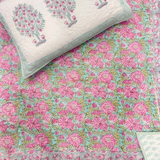 Kanak Reversible Hand Block Printed Quilted Cotton Bedcover with Two Pillow Covers Pink