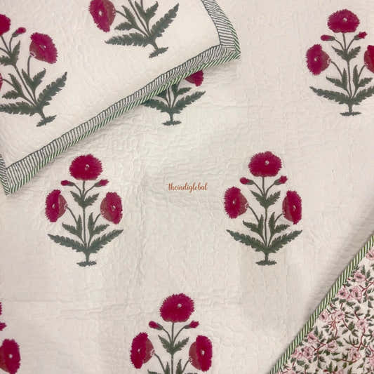 Kanak Reversible Hand Block Printed Quilted Cotton Bedcover with Two Pillow Covers Red