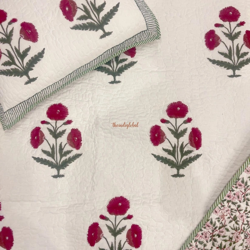 Kanak Reversible HandBlock Printed Quilted Cotton Bedcover with Two Pillow Covers Red