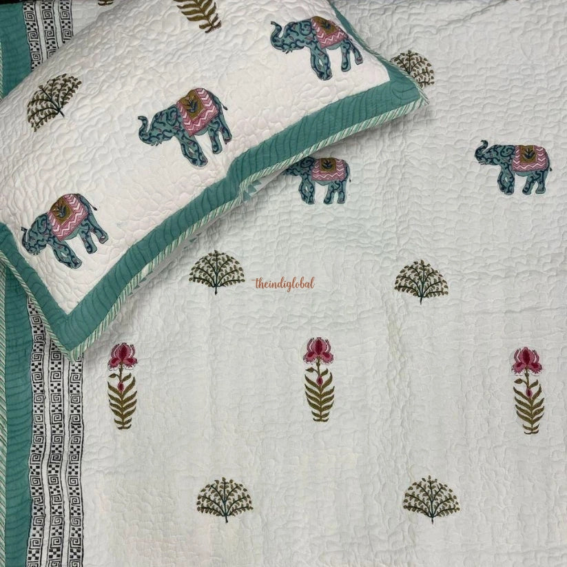 Kanak Reversible HandBlock Printed Quilted Cotton Bedcover with Two Pillow Covers teal blue
