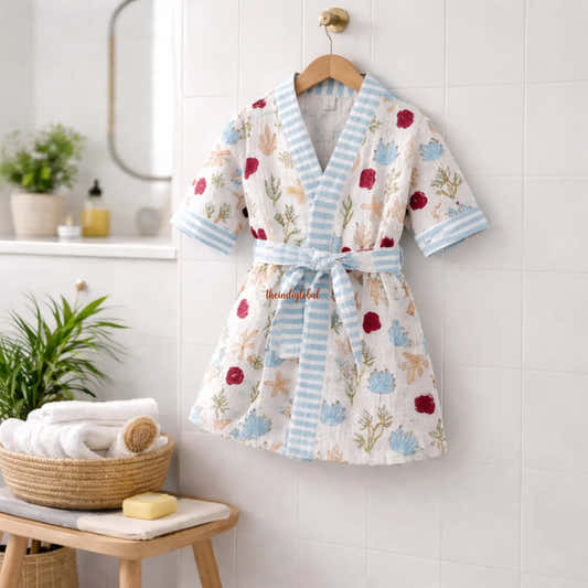 Kids Bathrobe Handblock Printed Waffle Cotton Deep Sea 1