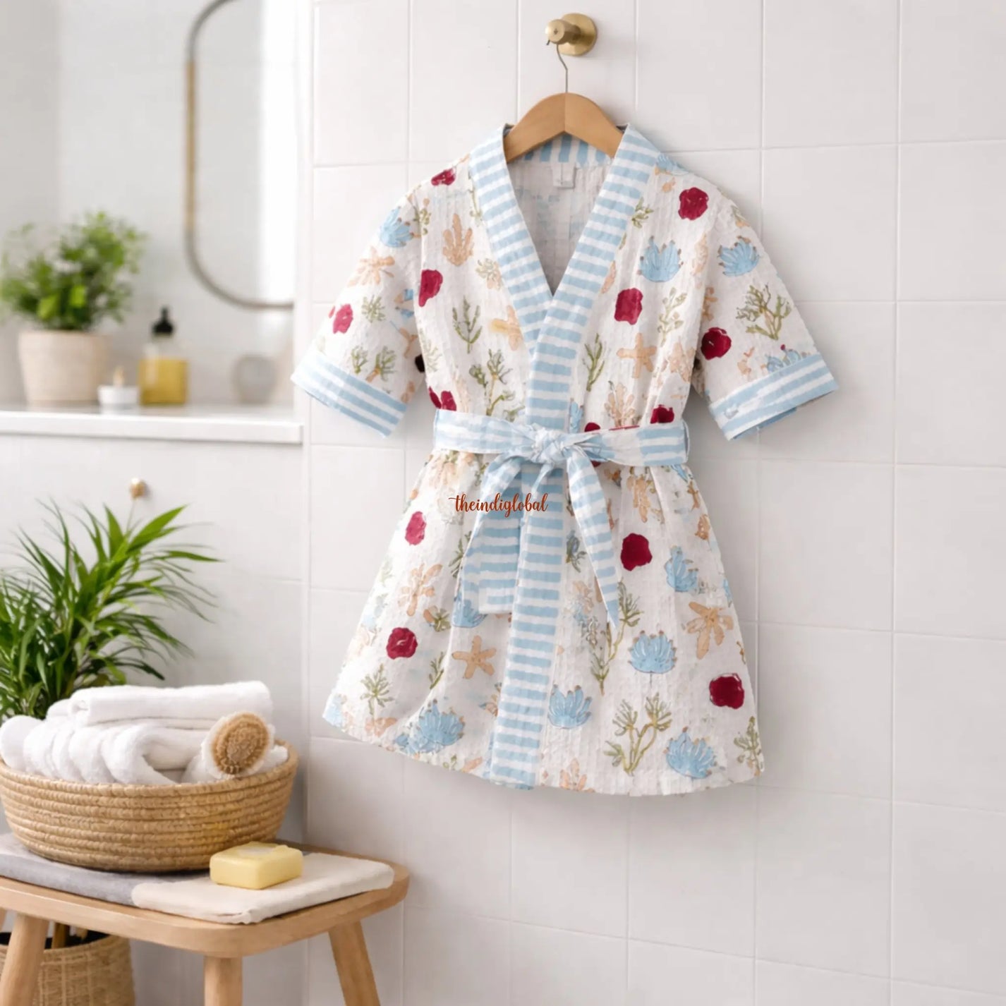 Kids Bathrobe Handblock Printed Waffle Cotton Deep Sea 1