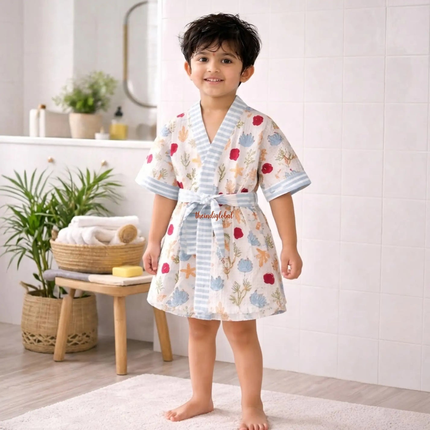 Kids Bathrobe Handblock Printed Waffle Cotton Deep Sea 2