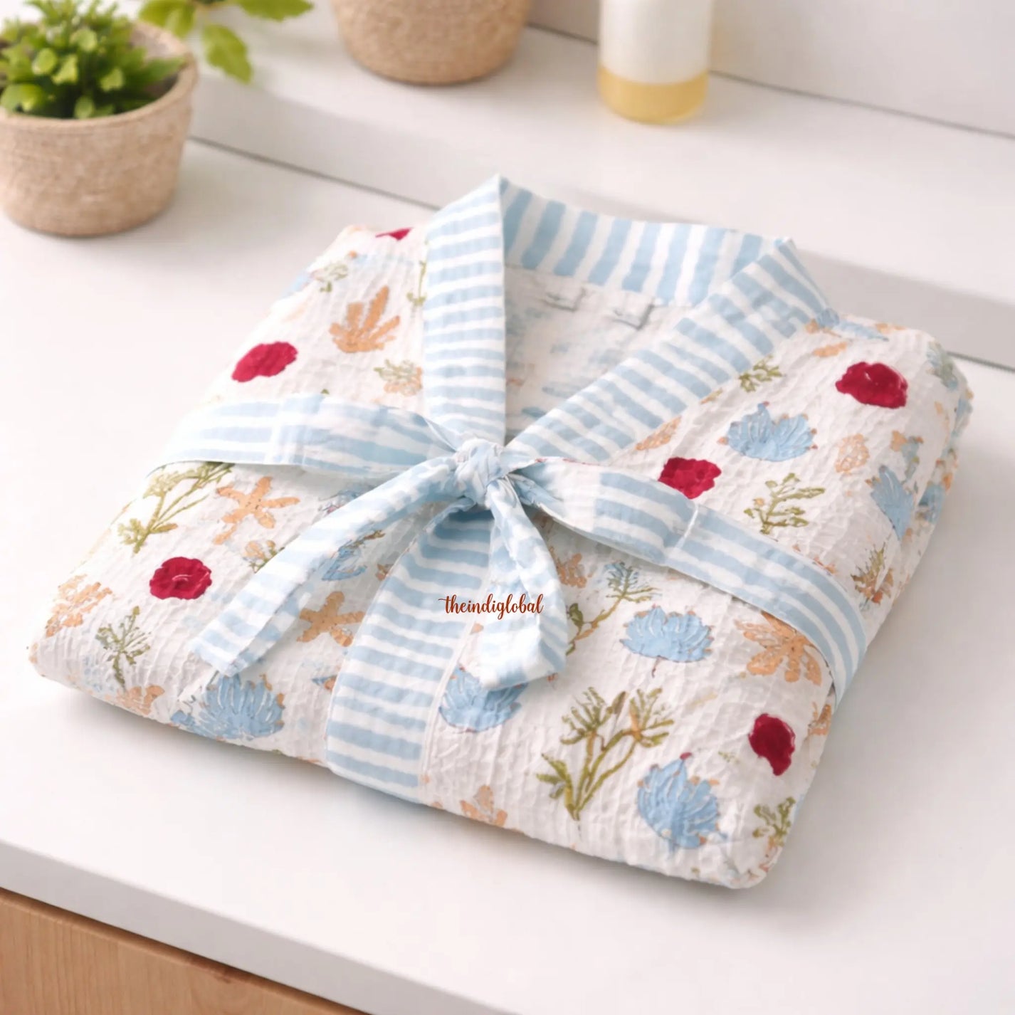 Kids Bathrobe Handblock Printed Waffle Cotton Deep Sea