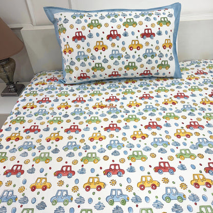 Handblock Cotton Kids Bedsheet Single Cars