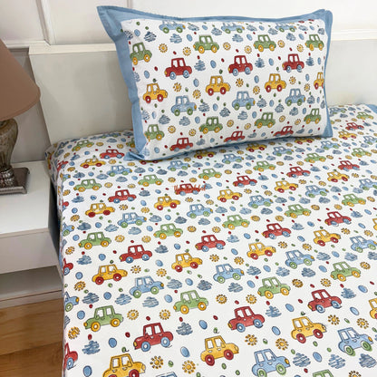 Handblock Cotton Kids Bedsheet Single Cars