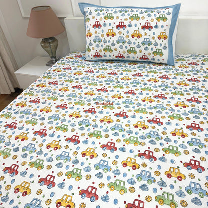 Handblock Cotton Kids Bedsheet Single Cars
