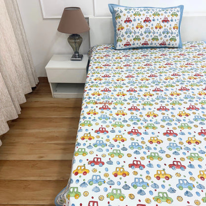 Handblock Cotton Kids Bedsheet Single Cars