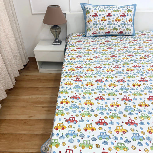 Handblock Cotton Kids Bedsheet Single Cars