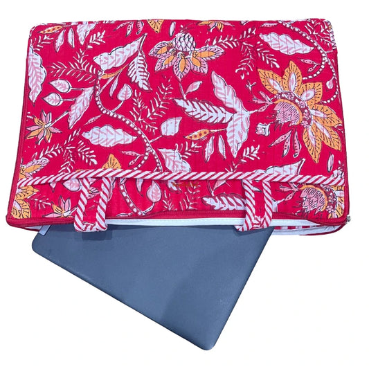 Handblock Quilted Cotton Laptop Sleeve 14 Inch Red