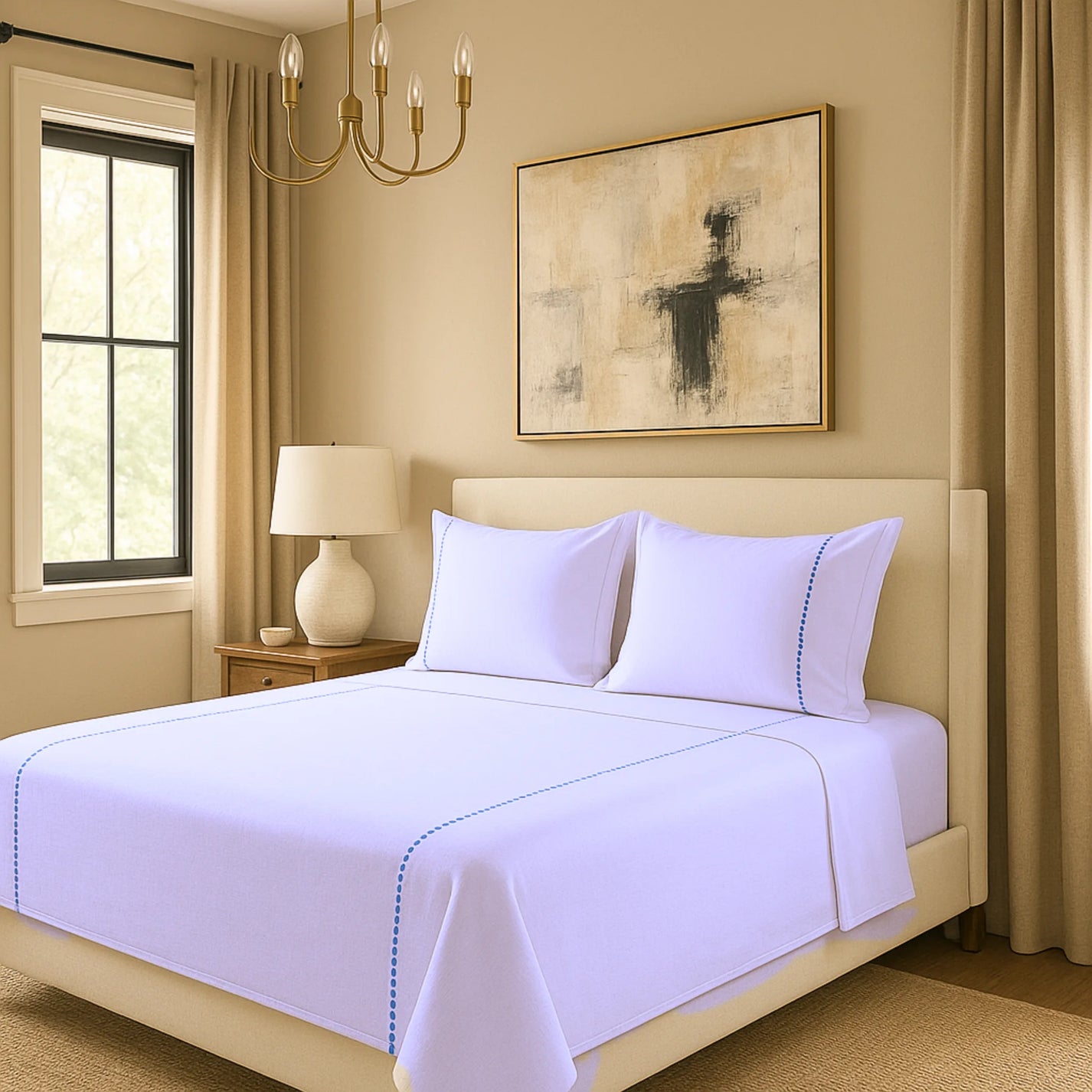 Light Blue 400TC Percale Hand Embroidered 100 Cotton Bedsheet 3