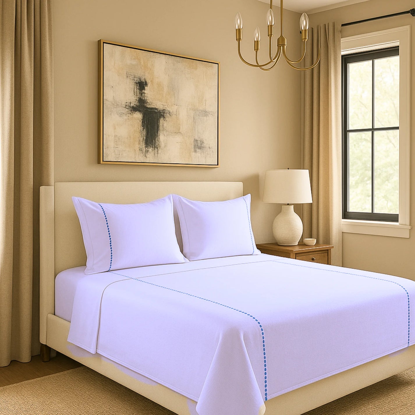 Light Blue 400TC Percale Hand Embroidered 100 Cotton Bedsheet 6