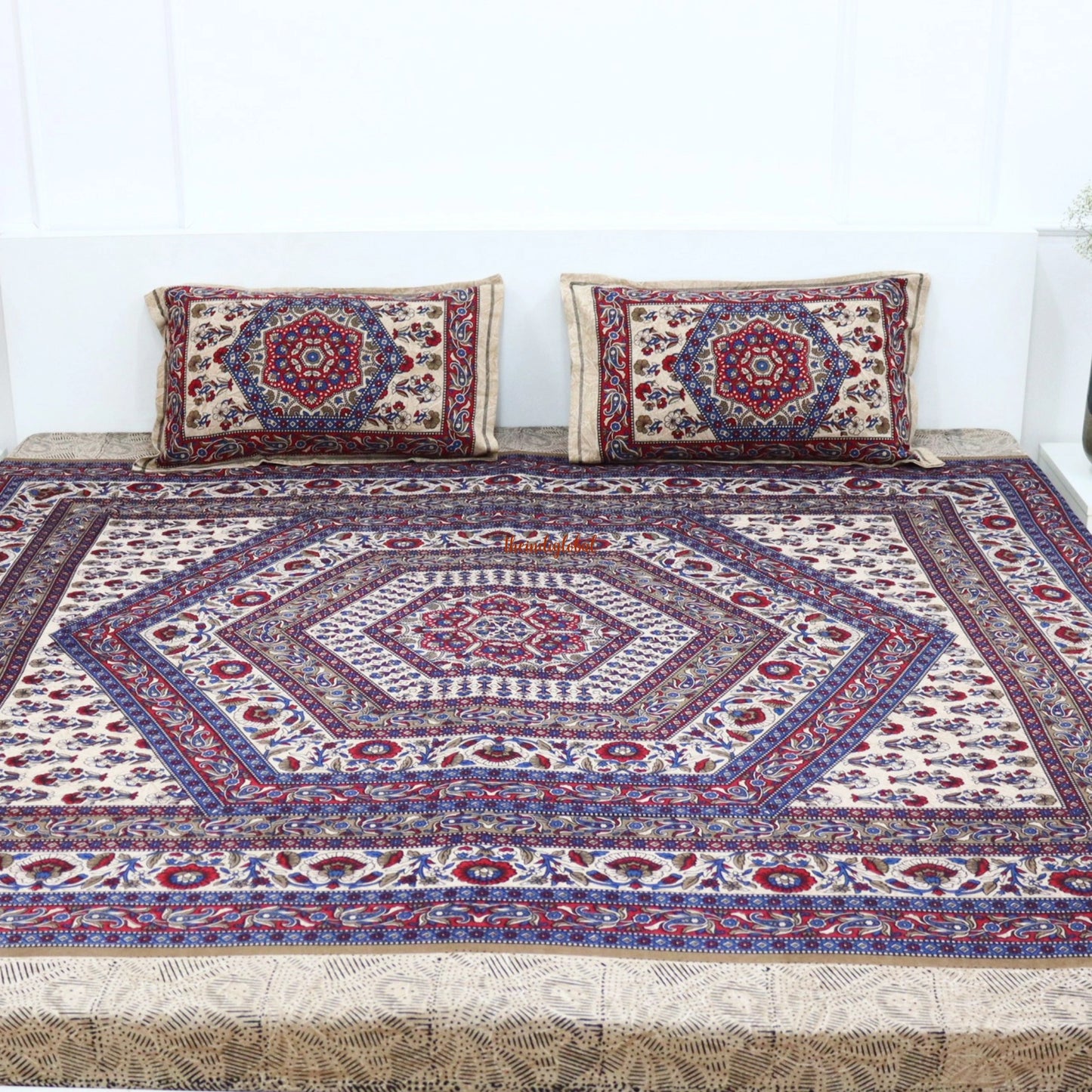 Mandala Cotton Bedsheet with 2 Pillow Covers Double Bed size Blue Red