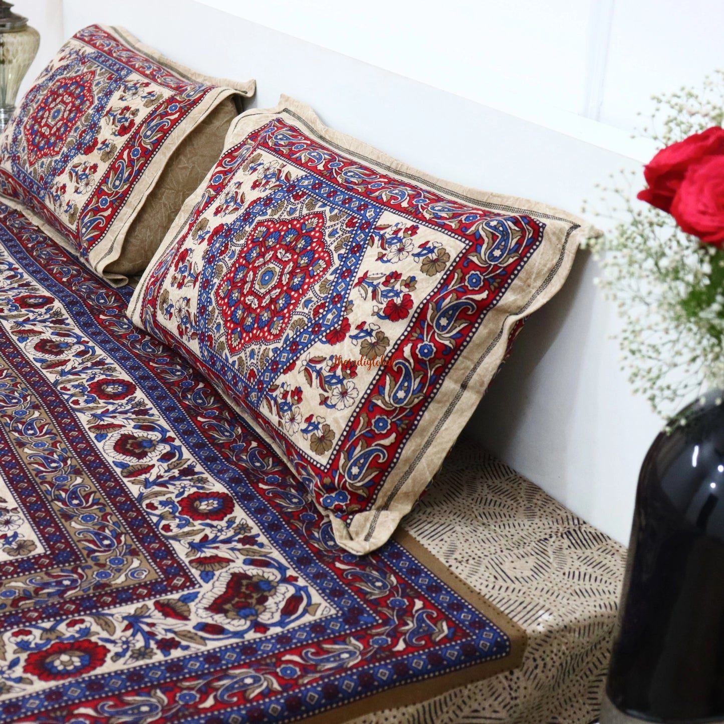 Mandala Cotton Bedsheet with 2 Pillow Covers Double Bed size Blue Red