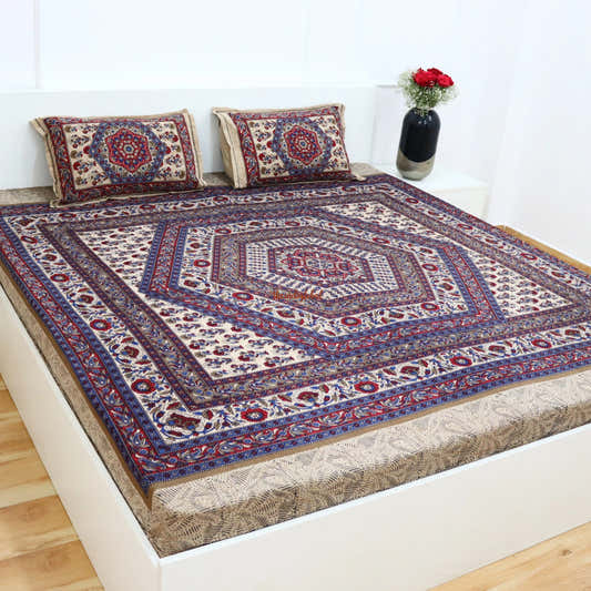 Mandala Cotton Bedsheet with 2 Pillow Covers Double Bed size Blue Red