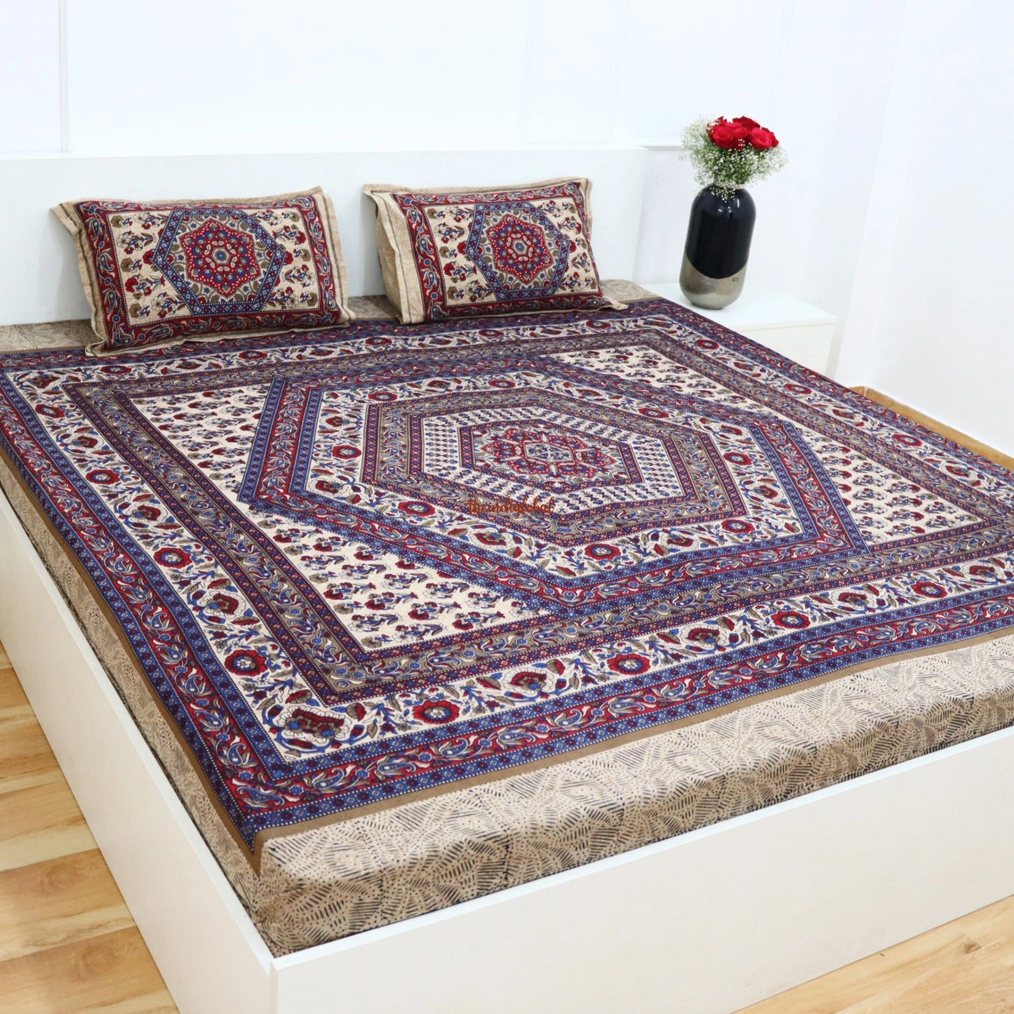 Mandala Cotton Bedsheet with 2 Pillow Covers Double Bed size Blue Red