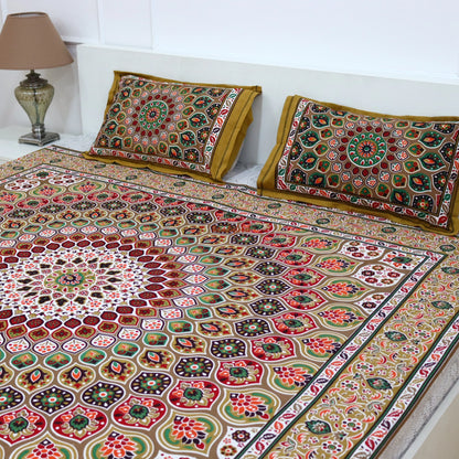 Mandala Cotton Bedsheet with 2 Pillow Covers Double Bed size Green Red