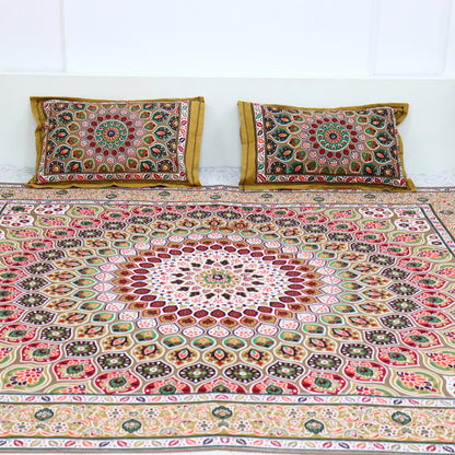 Mandala Cotton Bedsheet with 2 Pillow Covers Double Bed size Green Red