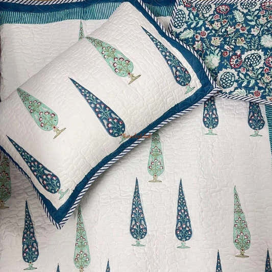 Maya Reversible Hand Block Printed Quilted Cotton Bedcover with Two Pillow Covers Blue