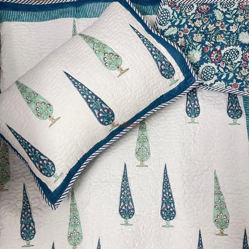 Maya Reversible HandBlock Printed Quilted Cotton Bedcover with Two Pillow Covers Blue
