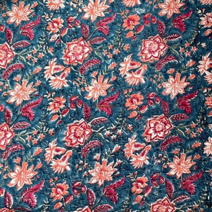 Meera Reversible Hand Block Printed Quilted Cotton Bedcover with Two Pillow Covers Blue