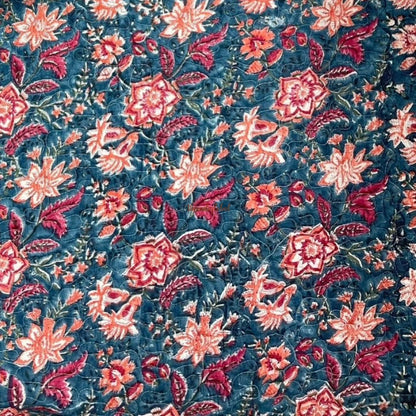 Meera Reversible Hand Block Printed Quilted Cotton Bedcover with Two Pillow Covers Blue