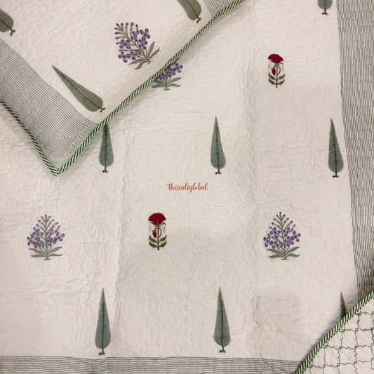 Meera Reversible Hand Block Printed Quilted Cotton Bedcover with Two Pillow Covers Green