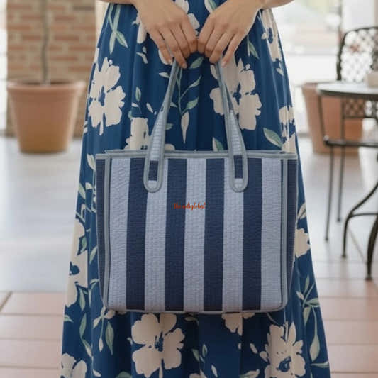 Mini Tote Bag with Zip & Bottle Holder Blue Stripe