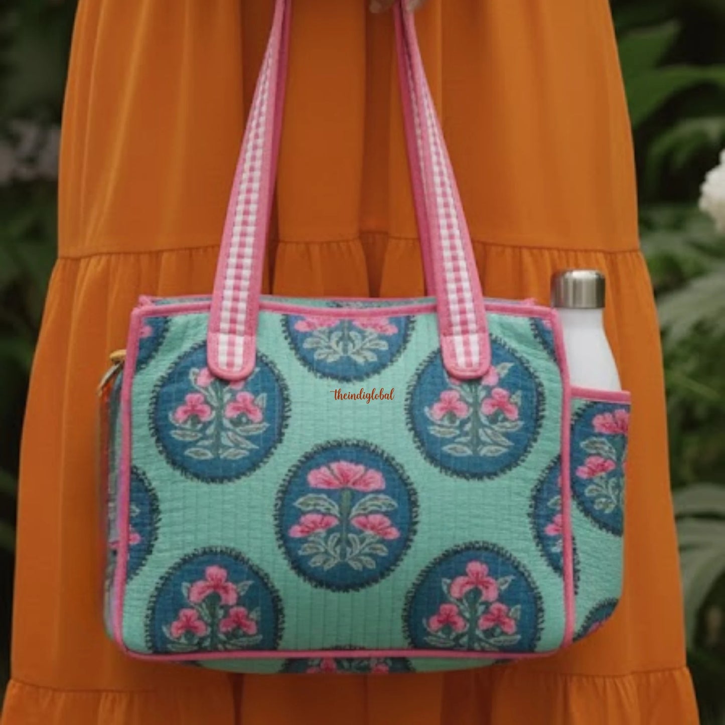 Mini Tote Bag with Zip & Bottle Holder Teal Bloom